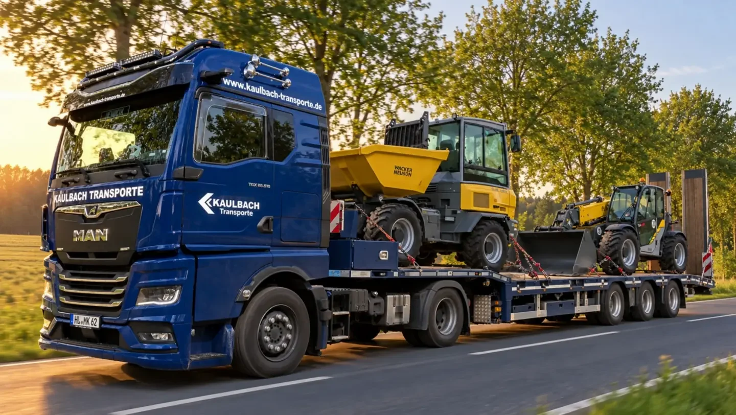 Kaulbach MAN transportiert einen gelben Raddumper und einen Teleskoplader auf einer Landstraße